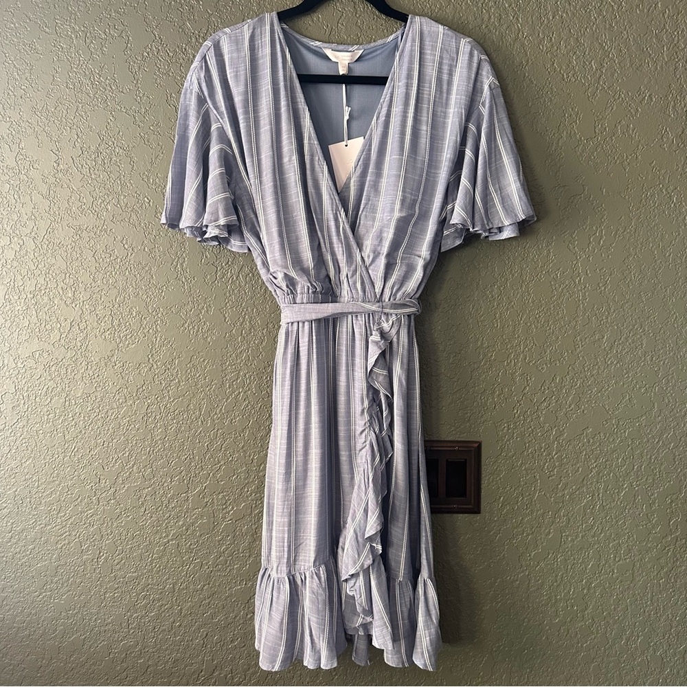 LC Lauren Conrad Light Blue Striped Midi Wrap Dress